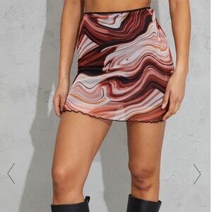 Pretty Little Thing Brown Marble Print Mesh Lettuce Hem Skirt